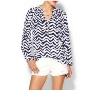 Lilly Pulitzer Womens S Elsa Silk Top Blouse Navy Blue White Chevron Zebra Print